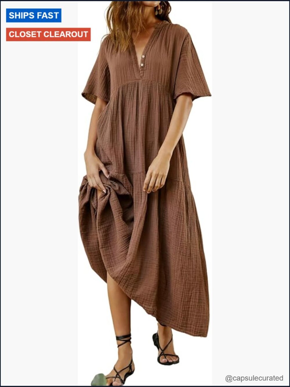 Cotton Flowy Maxi Dress Short Sleeve V Neck Empire Waist Boho Tiered Ruffle